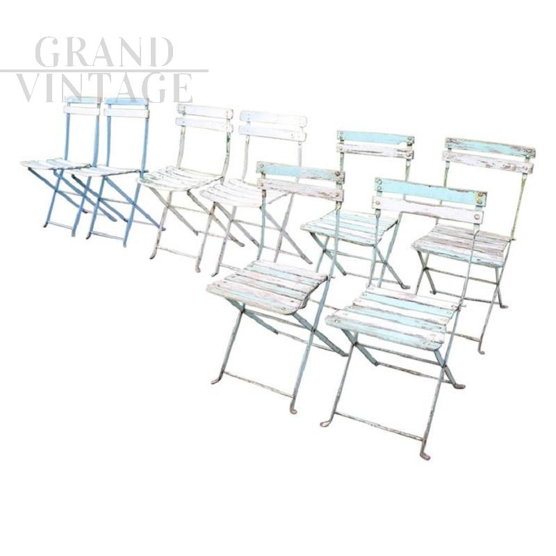 Set of 8 folding chairs in iron and white wood, 1960s