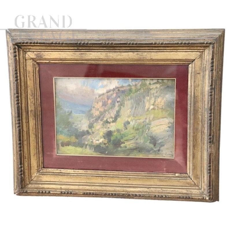 Vittorio Cavalleri - painting with mountain landscape, oil on wood