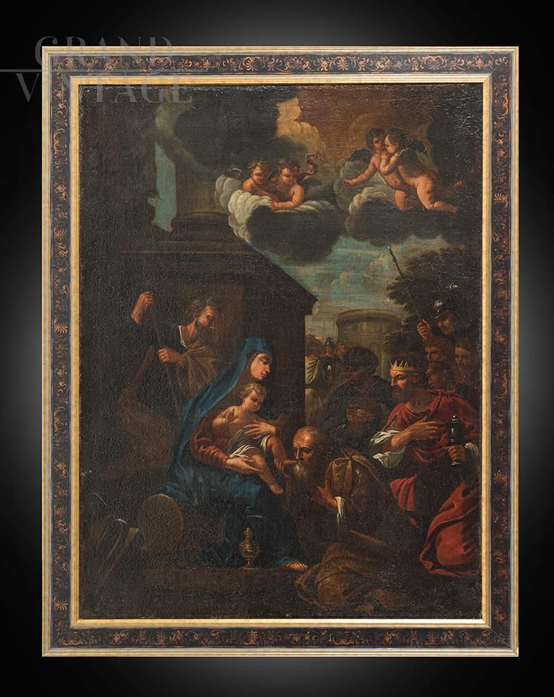 The Adoration of the Three Wise Men, antique oil painting on canvas                  
                            