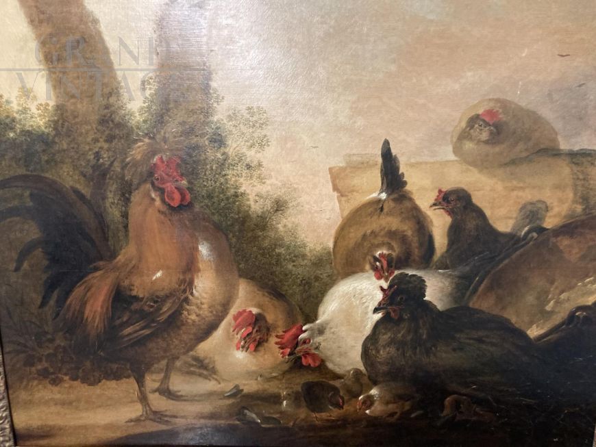 Important Flemish painting from the 17th century - landscape with roosters
