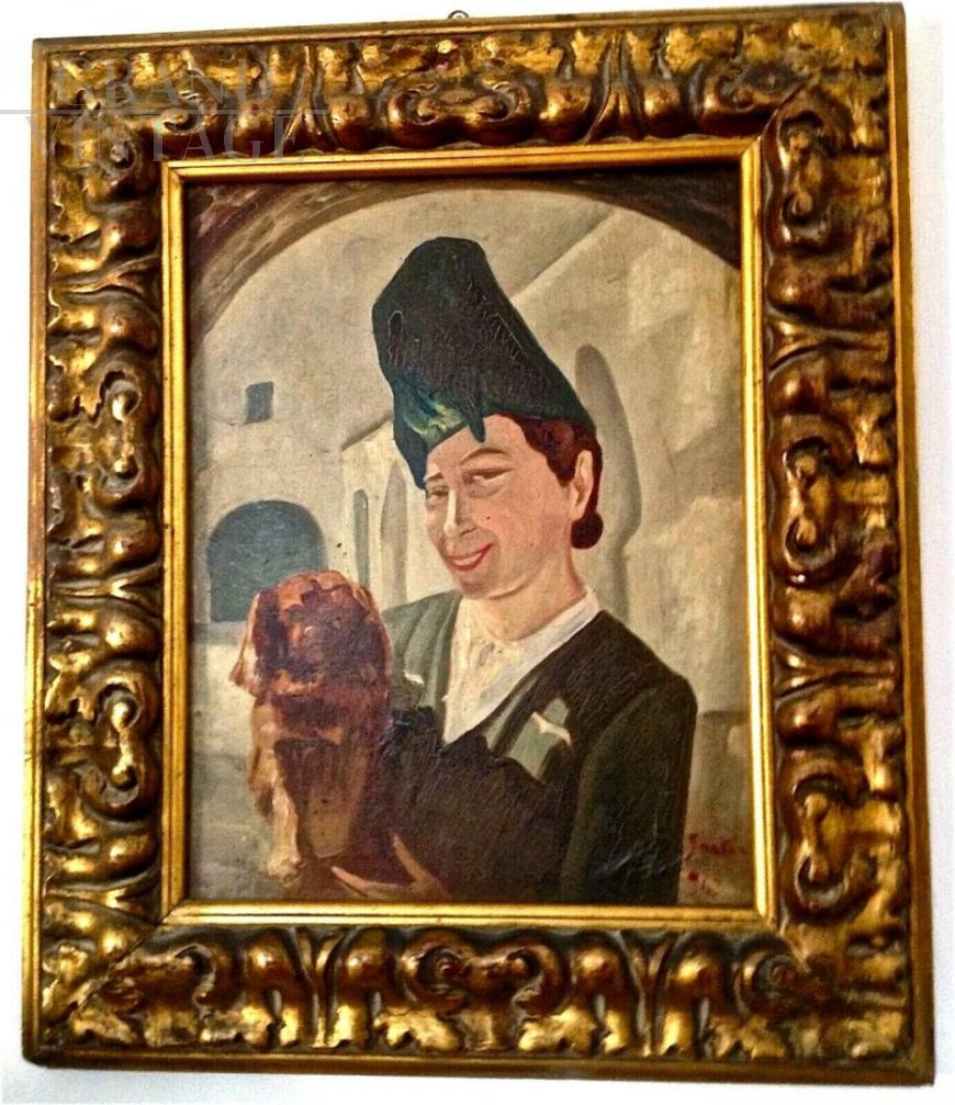 Portrait of a woman with a dog, oil painting on wood by Iginio Sartori, 1943