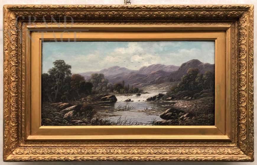 Painting by Frank Stone - Hilly landscape with river