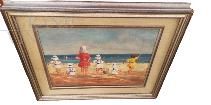 Little girls by the sea - Painting by Grassi, 1940s