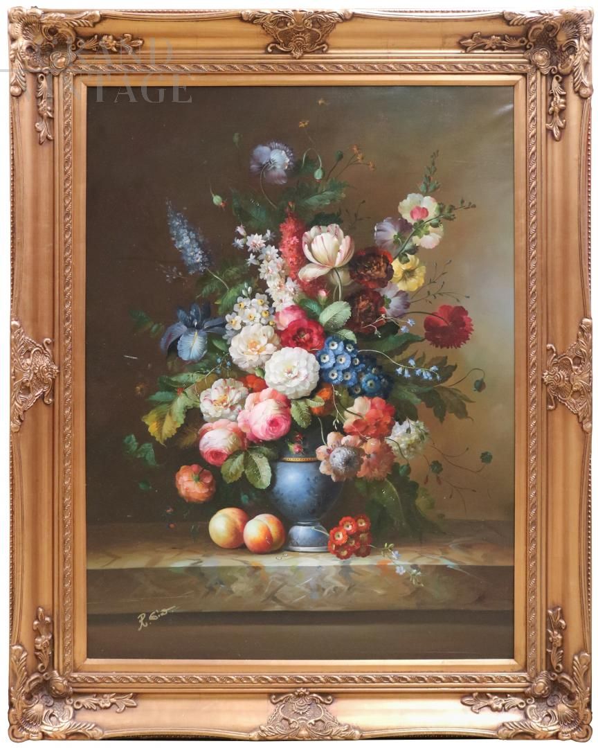 Still life with flowers in blue vase