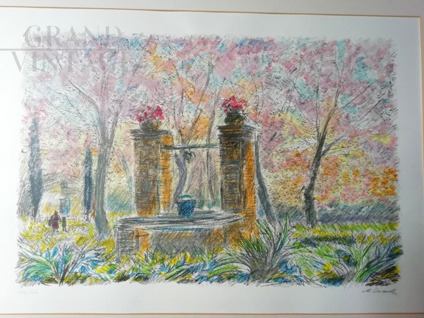 Landscape with Well - lithograph painting by Michele Cascella