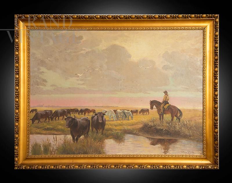 Antique signed painting with bucolic scene, oil on canvas  