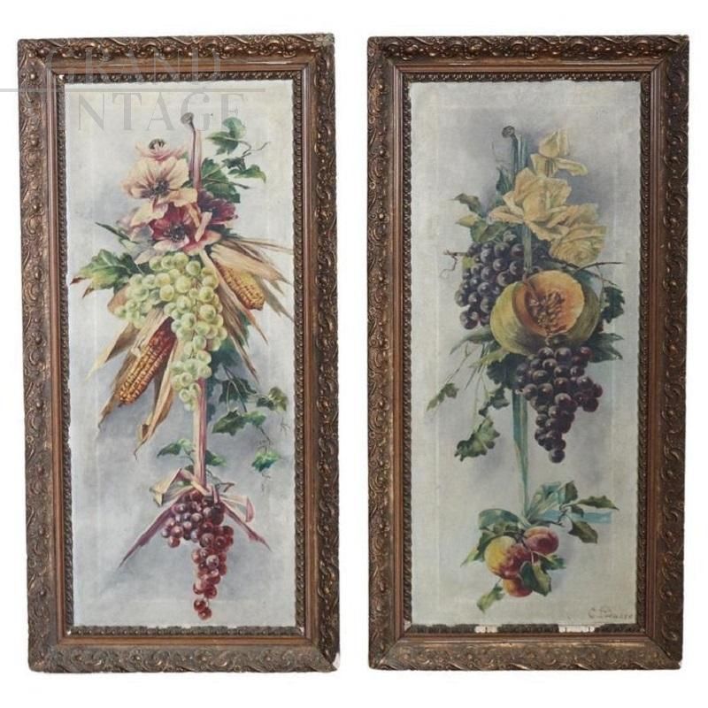 Composition of flowers and fruit, pair of paintings from the Art Nouveau era                          
                            