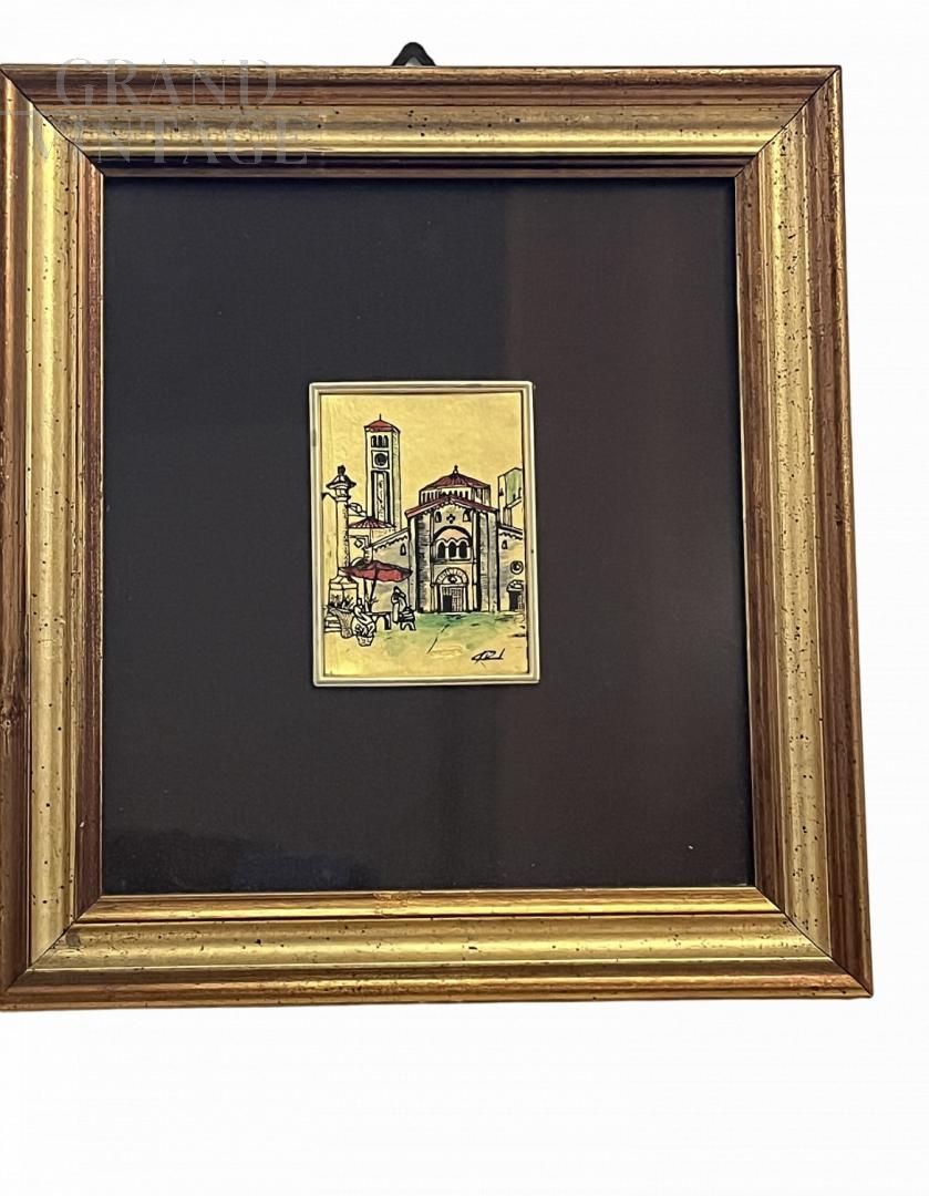 Small painting with lithograph on 23 kt gold leaf, 1950s