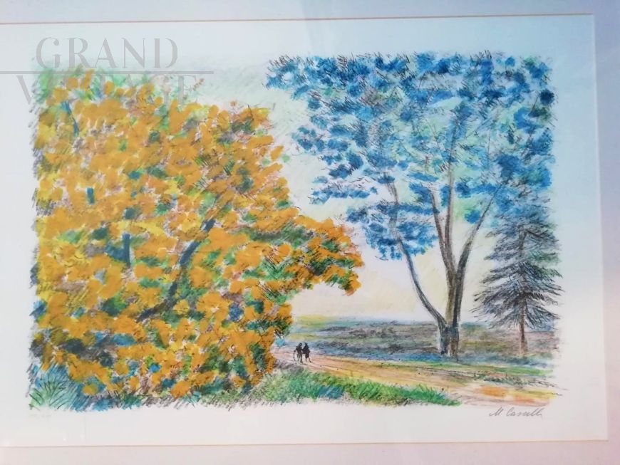 Mimosa and Jacaranda, painted lithograph by Michele Cascella