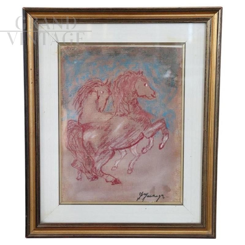 Horses - painting by Francesco Gonzaga, colored pastels on paper                   
                            