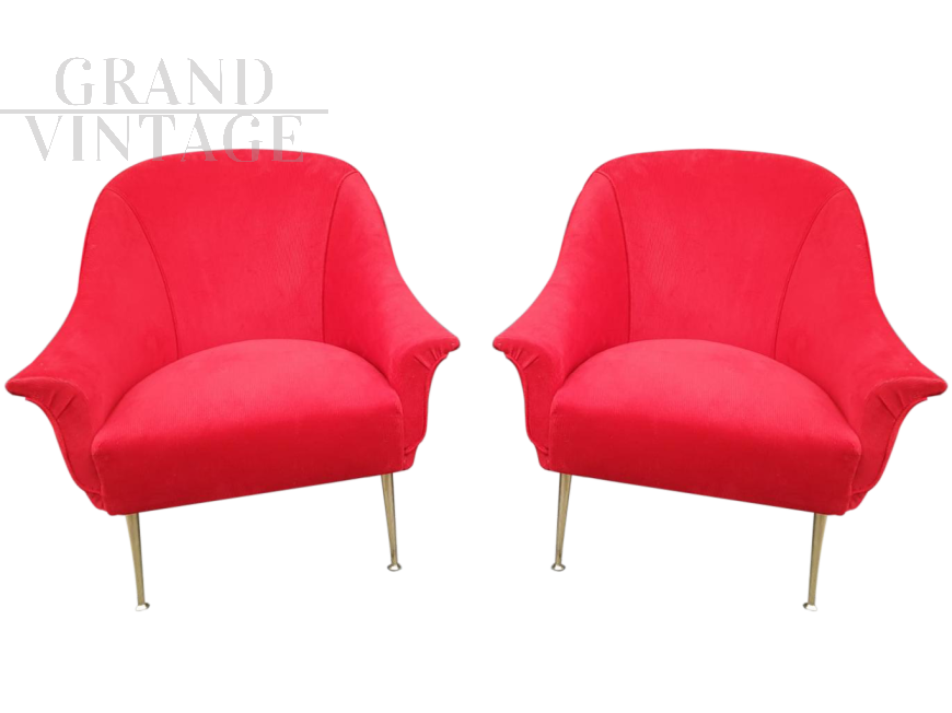 Pair of 50s / 60s armchairs in red velvet