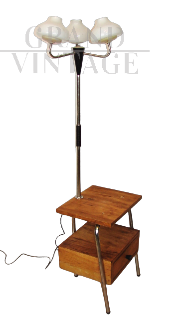 Vintage 3-light floor lamp with wooden cabinet, Poland 1960s                  
                            