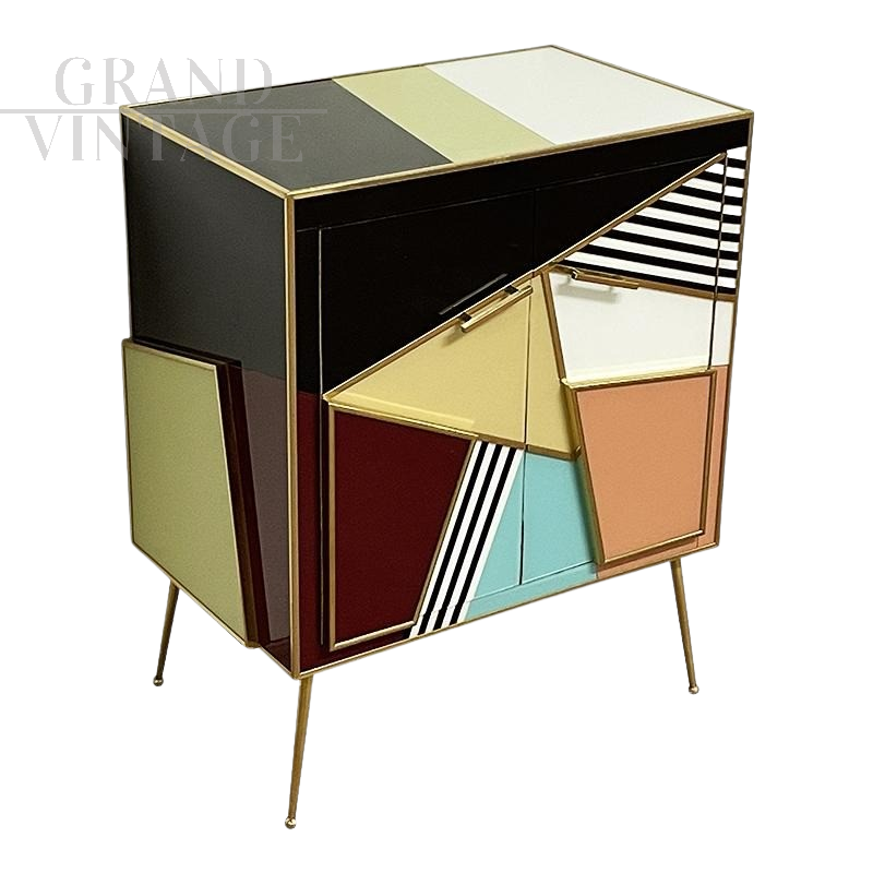 Small design sideboard with two doors in multicolored glass, 1980s