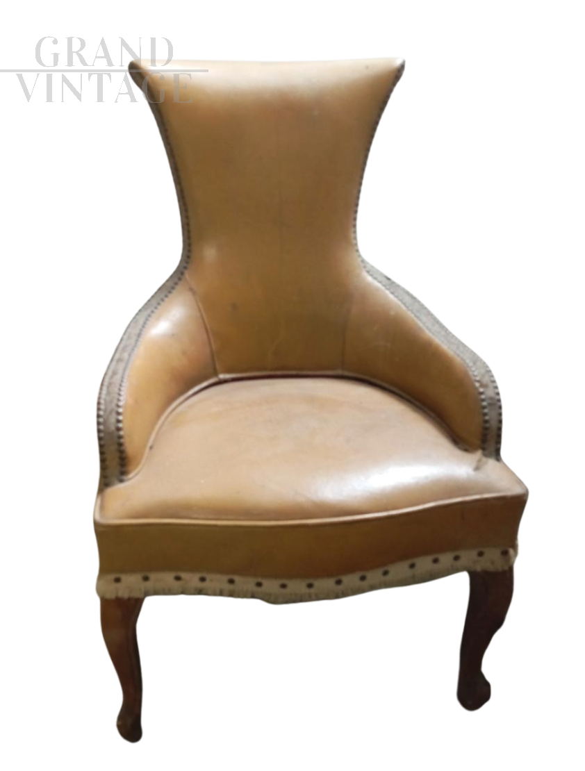 Small yellow leather fireplace armchair