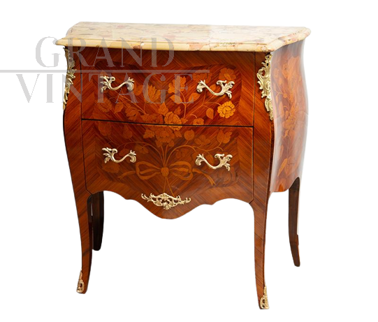 Small antique Napoleon III chest of drawers in polychrome woods with marble top                
                            