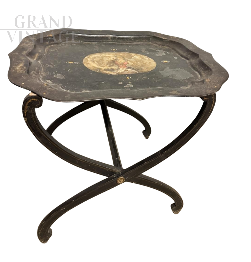 Small antique picnic table with painted tray, 1850