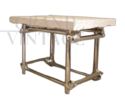 Small vintage coffee table in metal and travertine marble                
                            