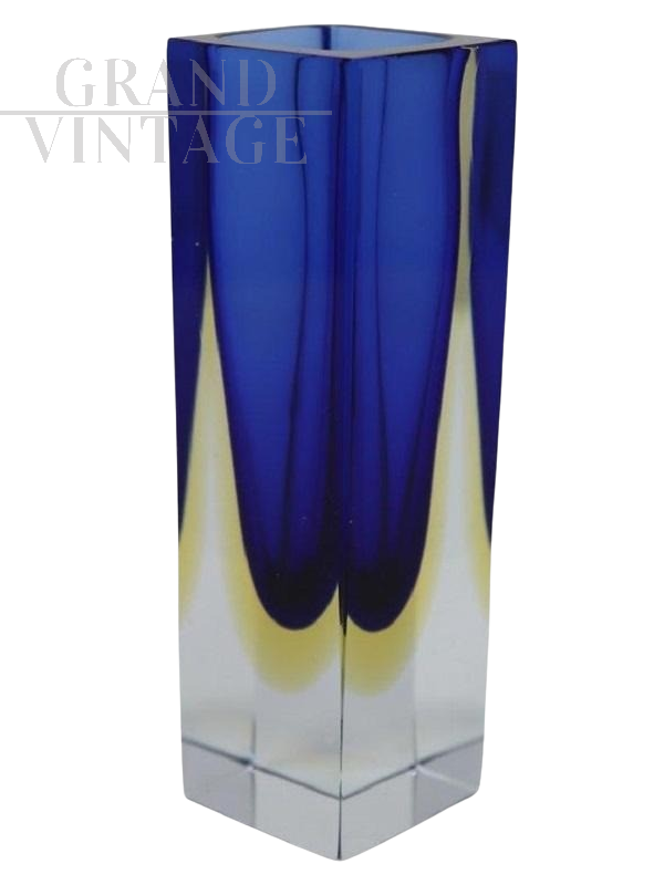 Small 1970s vase in blue and yellow submerged Murano glass