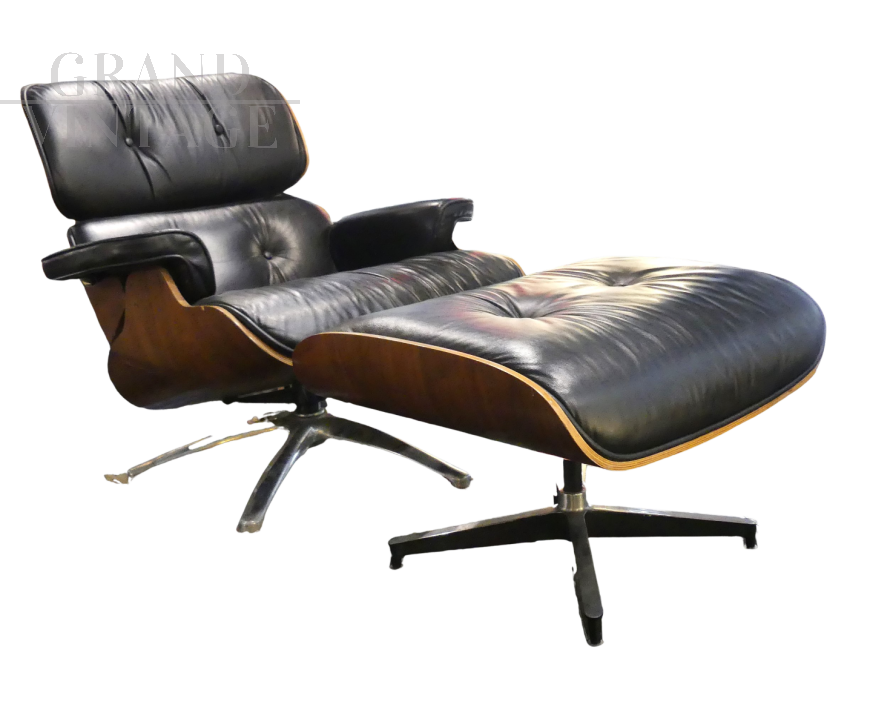 Eames style armchair with ottoman in black leather, 1970s                            