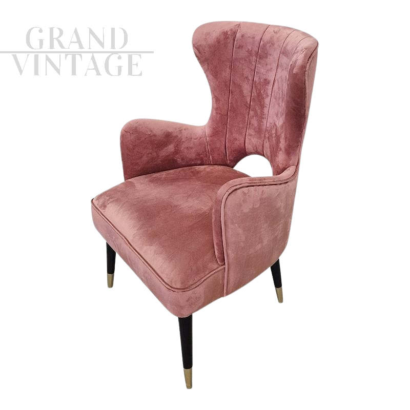 Mid-century style armchairs in antique pink velvet  