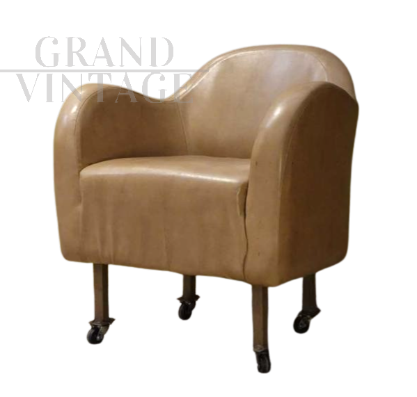 60's beige leather armchair with wheels