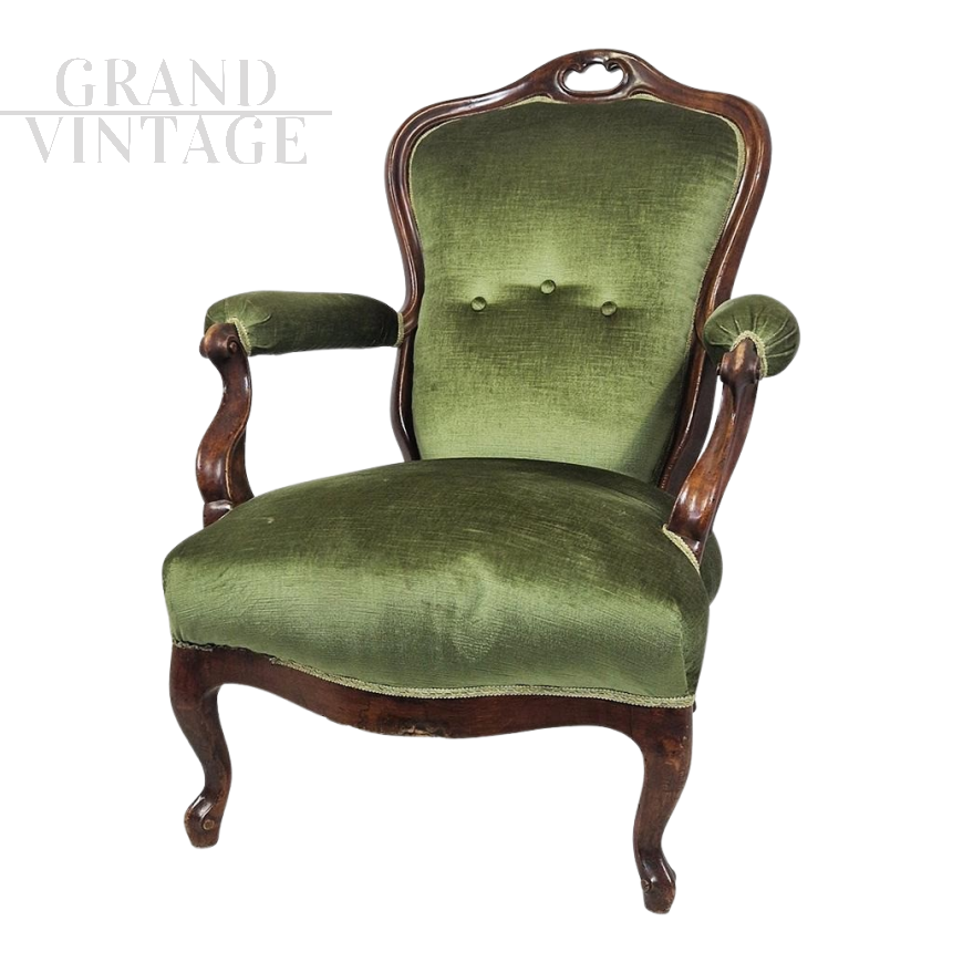 Antique armchair from the Louis Philippe era in green Genoa velvet  