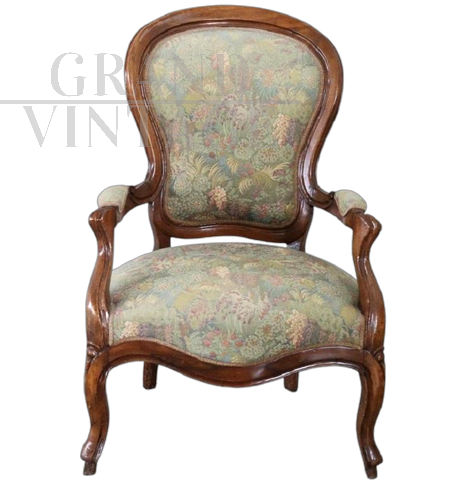 Antique Louis Philippe walnut upholstered armchair, 19th century