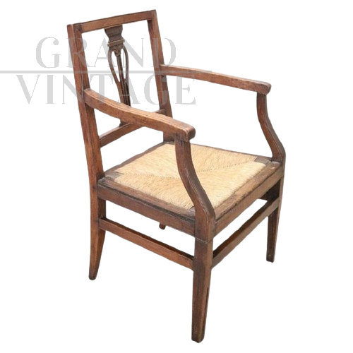 Antique Louis XVI armchair with straw seat, Italy 18th century