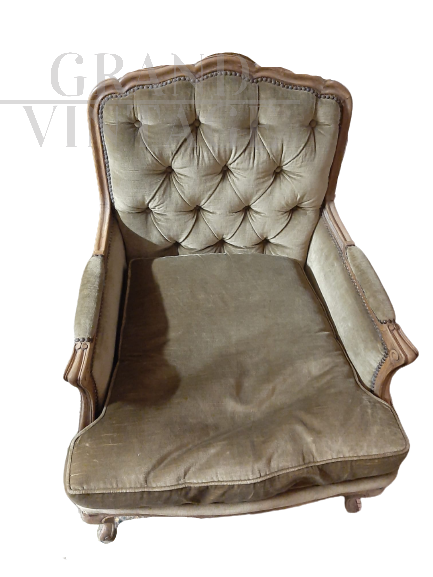 Early 1900s capitonnée armchair in khaki green velvet