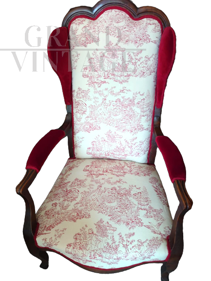 Early 19th century armchair in burgundy velvet and fabric