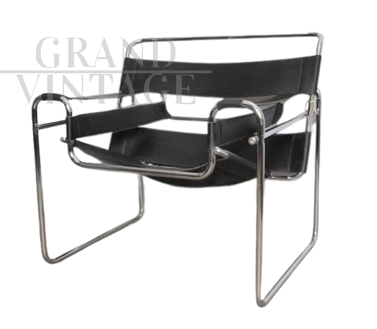 Black leather chrome Wassily style armchair chair