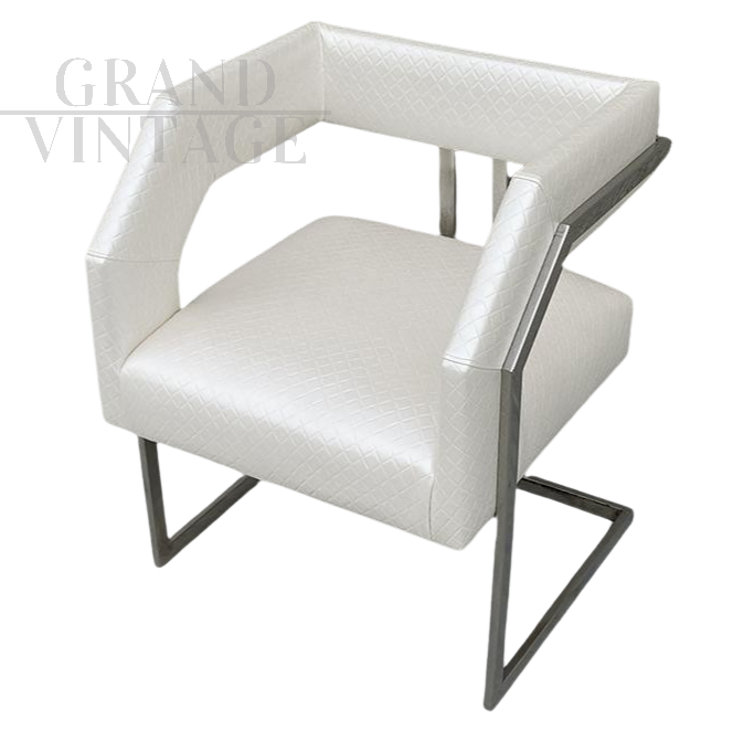 Modern design cantilever armchair in white eco-leather, late 1900s      