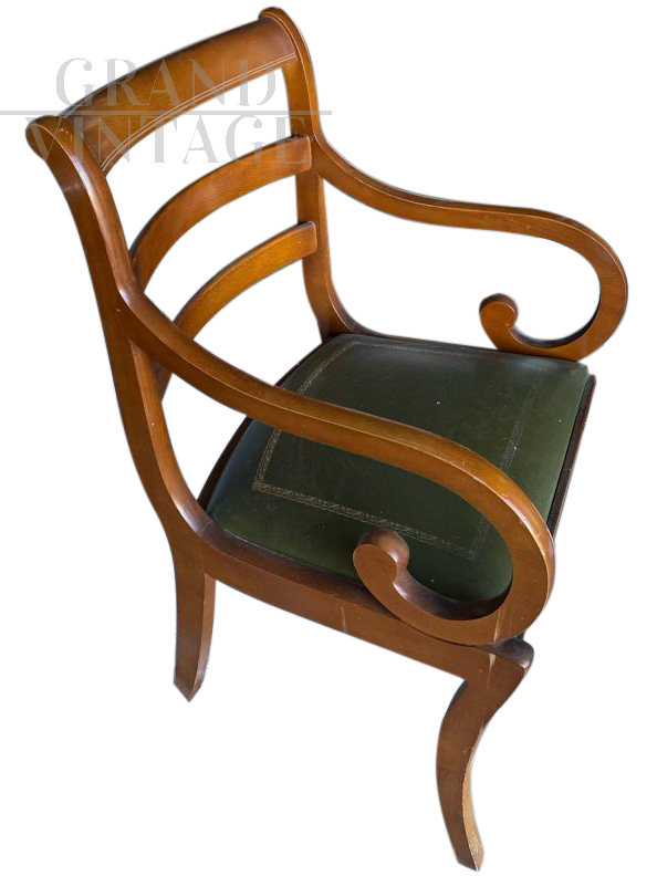 Antique style armchair with genuine green leather seat