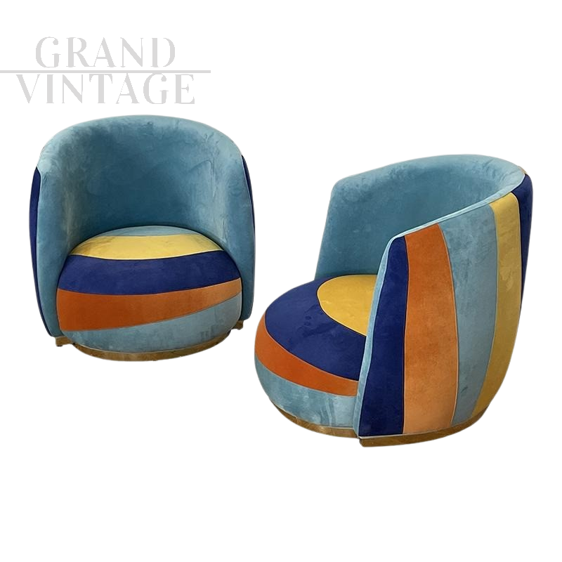 Pair of tub armchairs in four-color smooth velvet, 1980