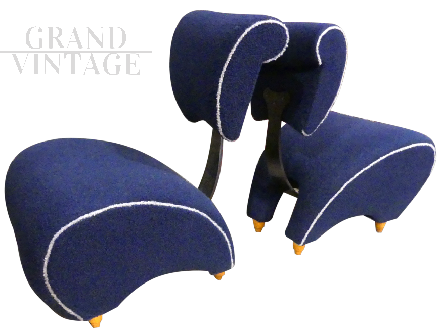 Jordan Mozer American armchairs in blue bouclé wool, 1970s