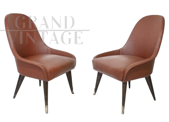 Vintage 60s armchairs in brick-colored skai