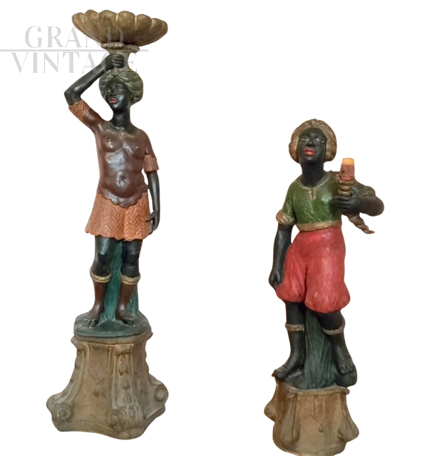 Pair of rare antique sculptures of Moors in polychrome terracotta from the 17th century