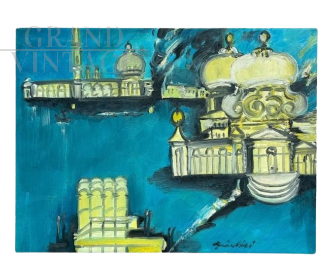 Remo Brindisi - Painting with a view of Venice in realist style, Italy 1970s