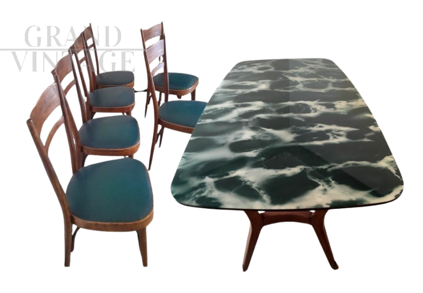 Vintage Italian dining room with glass top table and 6 chairs, 1950s