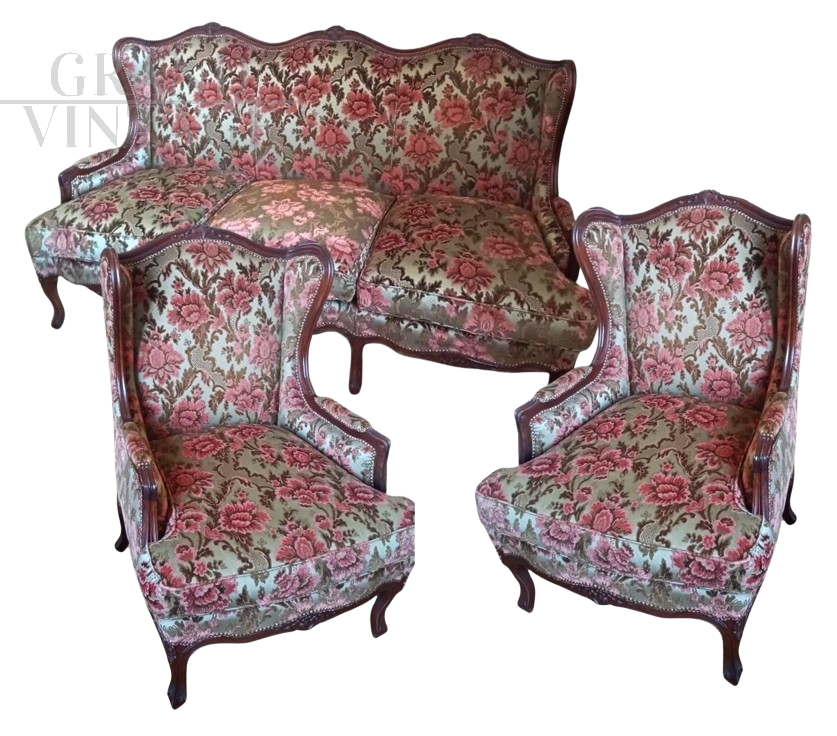  Louis XV style Bergère living room set with floral sofa and armchairs