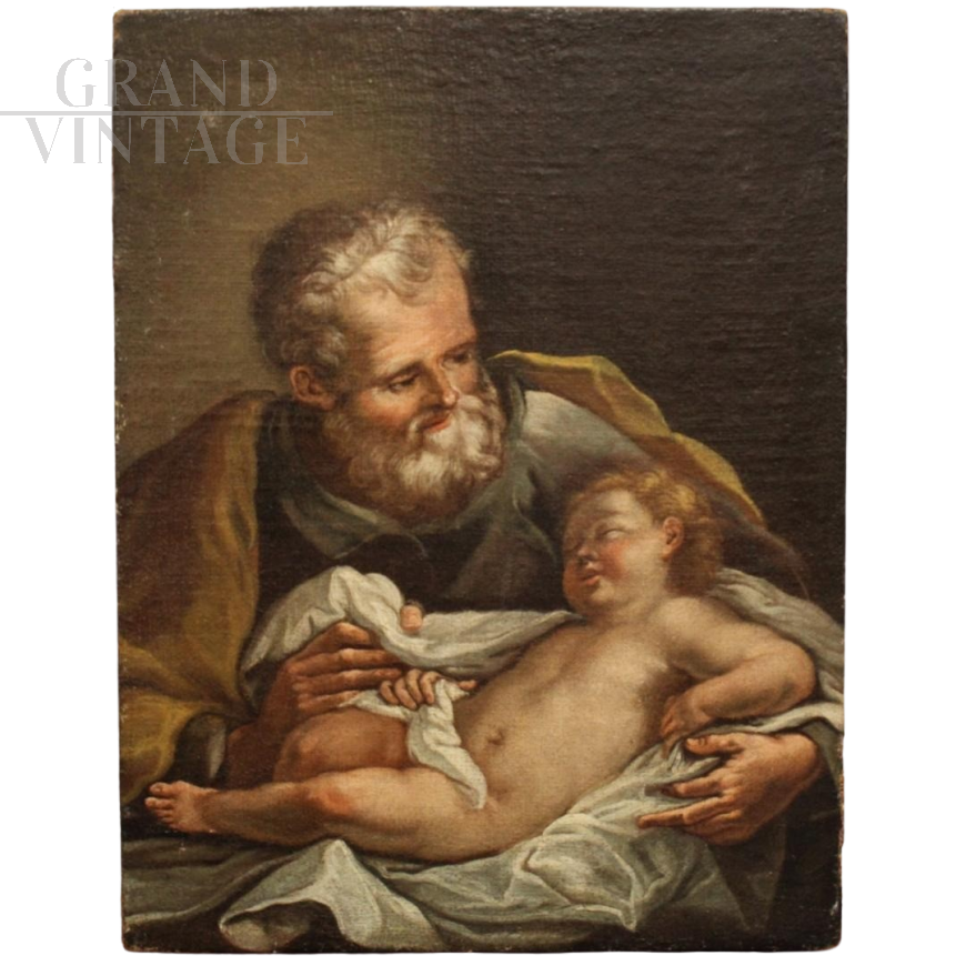 Saint Joseph with Child, oil painting on canvas, Italy 18th century         