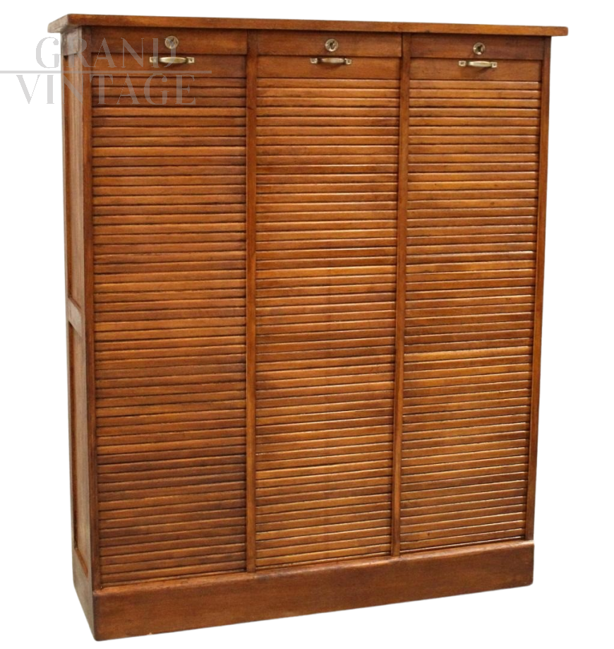 Triple rolling shutter office filing cabinet in oak