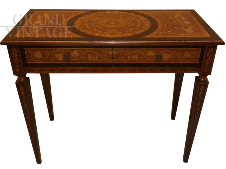1920s Lombard inlaid desk with two drawers and spiked legs