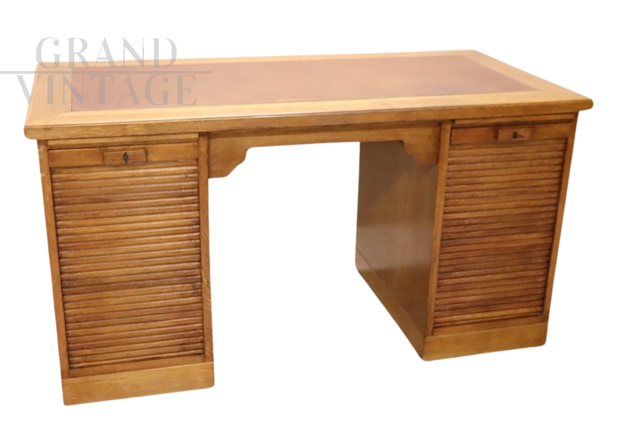 Vintage 1940s desk in oak with rolling shutter sides      