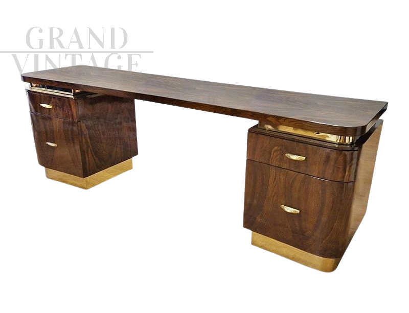 Four-drawer desk in mahogany briar and gilded brass