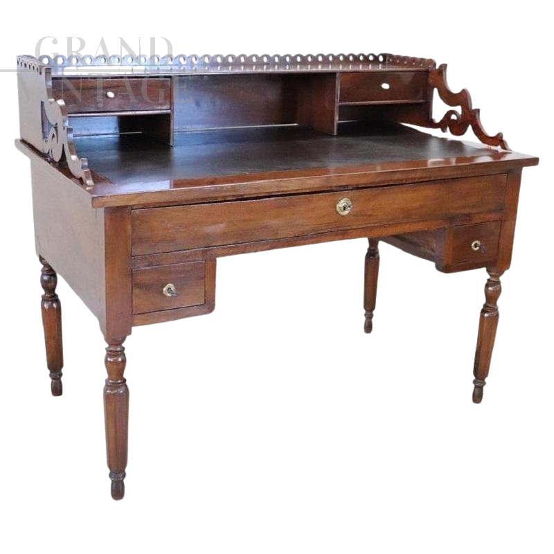 Antique Louis Philippe ladies' desk with upstand in solid walnut, 19th century