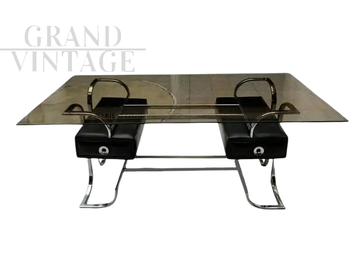 Desk attr. Michel Ducaroy in steel and smoked glass