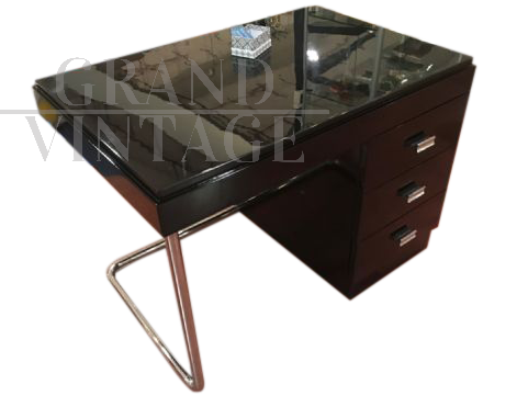 1940s deco desk in black lacquered wood