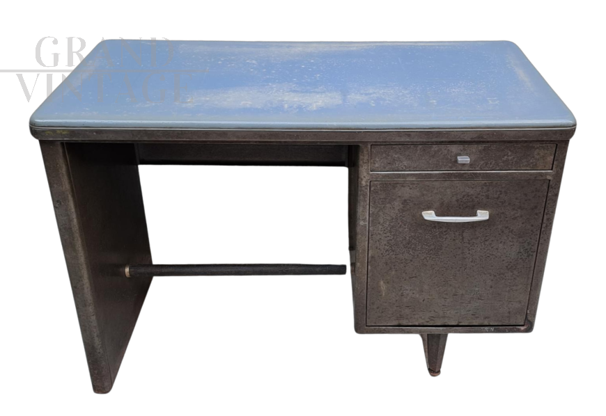 Vintage industrial iron desk with light blue eco-leather top, 1950s