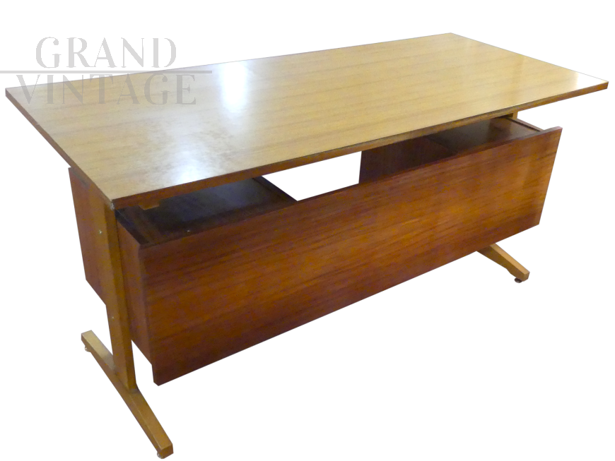 Vintage teak wood desk with iron footrest